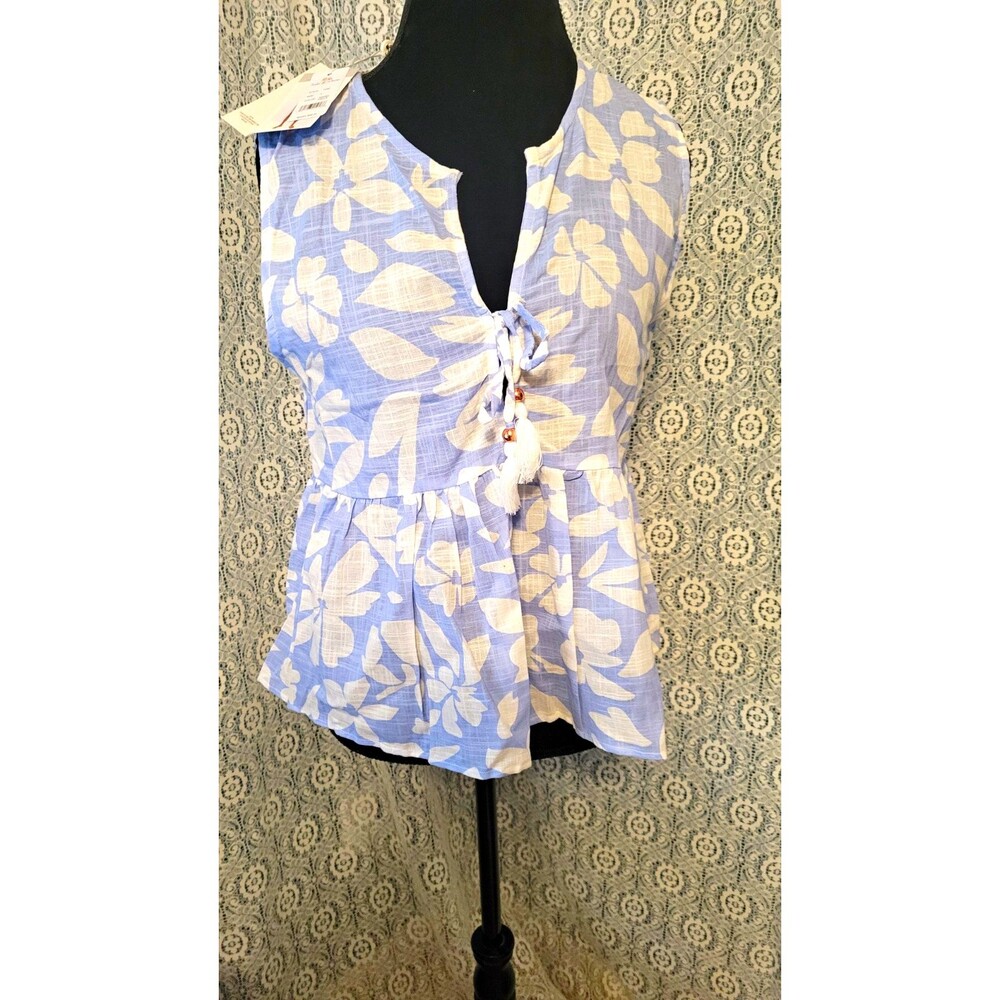 Turks & Caicos Women's Cotton Linen Woven Floral V-Neck Sleeveless Tie Blouse L